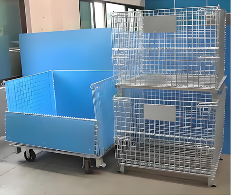 Foldable Heavy Duty Steel Mesh Storage Cages With Wheels For Industrial Use